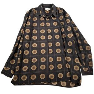 Genelli Button Down Shirt Brown Gold Polka Dot Long Sleeve Casual Rayon Mens XL